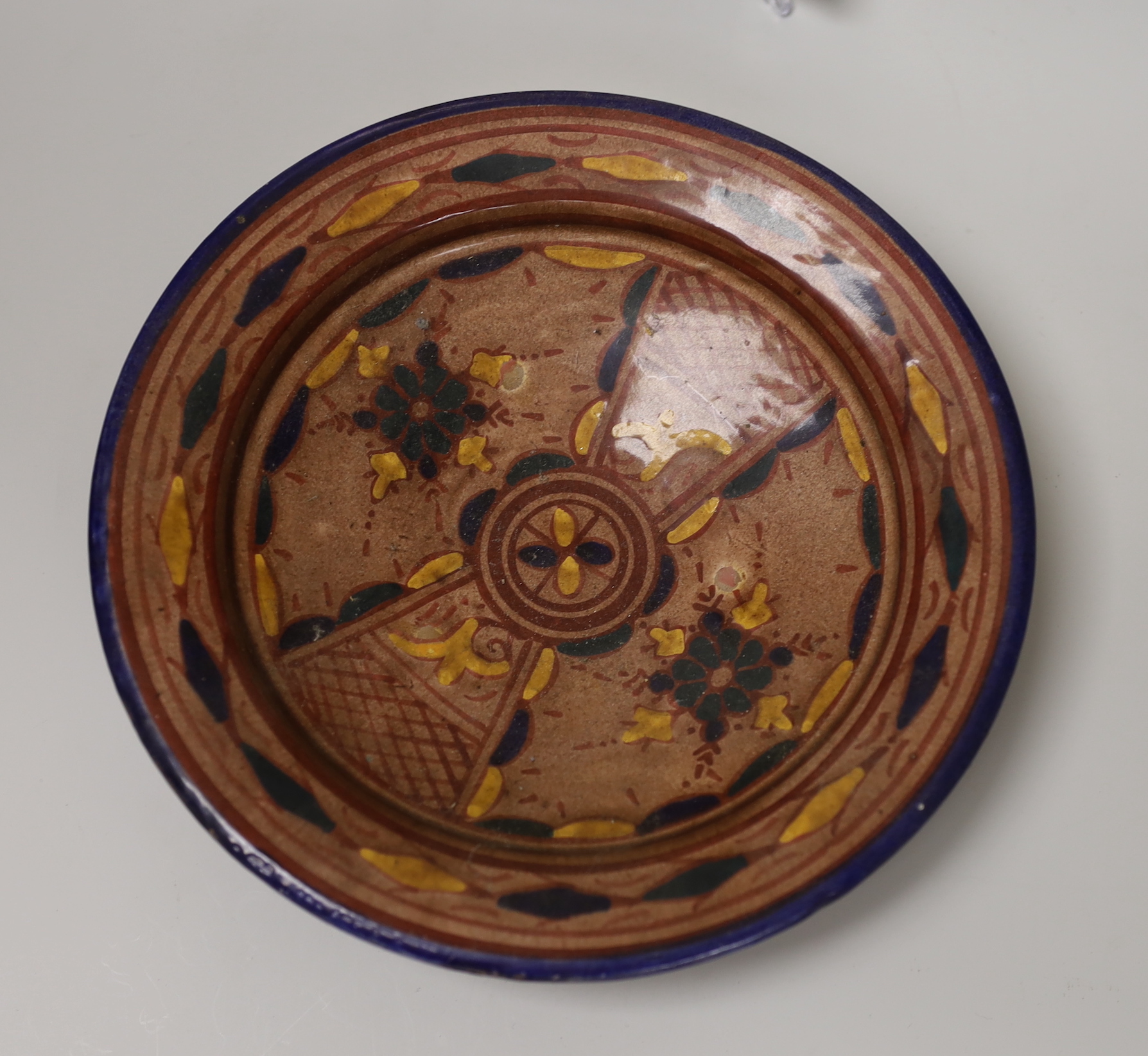 A Cauldon plate painted with blue tits on toadstools and a butterfly on another, signed R. Barratt, Derby, made for Burley & Co. Chicago, a Rosenthal limited edition plate Weihnachtsteller 1980, and an art pottery dish